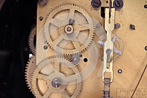 Internal workings of an antique clock movement