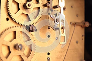 Internal workings of an antique clock movement