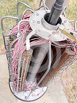 Internals with copper cable connections of an old style telecommunications pillar