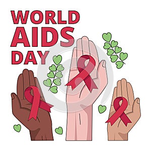 International AIDS Day. Illustration with different hands holding red ribbon symbol.