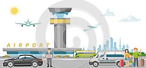 International airport banner, character traveler family order taxi car flat vector illustration. Tourist people carry