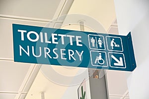 International Airport sign to Gates and baggage claims and toilette