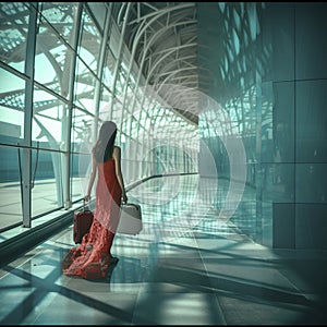 International airport terminal. beautiful woman with luggage and walking in airport