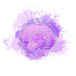 International Alzheimers Day. Human brain with purple watercolor stains. Disease and extinction. Vector cartoon illustration