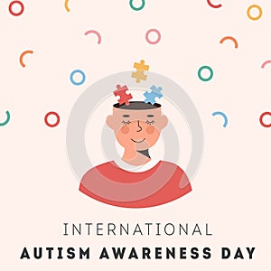 International Autism Awareness Day Card. Smiling person face with colourful puzzle pieces in head. Psychological concept