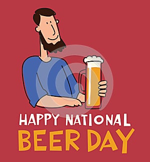 International beer day. Cheerful funny bearded guy with a mug of beer