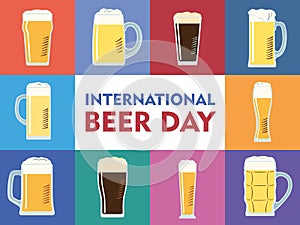International beer day. Different types of beer on a colored background