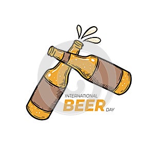 International Beer Day lettering text and two bottles with beer drink