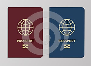 International biometric passport covers template. Blue and red international document. Vector realistic travel concept photo
