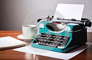 International Book Day, retro typewriter, authors desk, rough sketches, book pages, coffee mug, literature