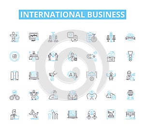 International business linear icons set. Globalization, Exporting, Importing, Multinational, Outsourcing, Trade, Cross