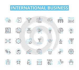 International business linear icons set. Globalization, Exporting, Importing, Multinational, Outsourcing, Trade, Cross