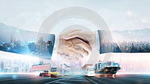 International business logistics transportation teamwork concept, double exposure of handshake partnership import export