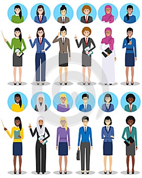 International business team and teamwork concept. Set of illustration of businesswomen standing in different positions. Diverse na