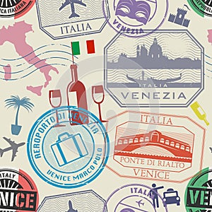 International business travel visa stamps or symbols set, Italy, Venice theme