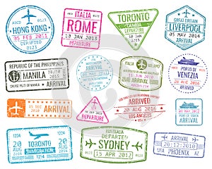 International business travel visa stamps vector arrivals sign set