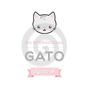 International Cat Day. August 8. Spanish. Dia internacional del gato. Agosto 8. Cat face filled icon. Vector illustration, flat