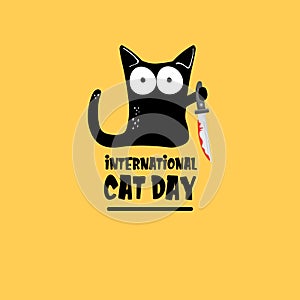 International cat day funky banner with black cat holding bloody knife isolated on orange background. World cat day