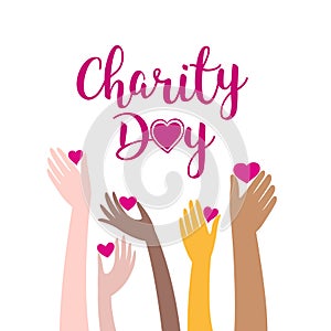 International Charity Day Hands of different nationalities hold hearts as good to others. Vector stock illustration.