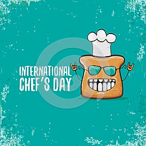 International chef day greeting card or banner with vector funny cartoon chef bread with cheaf hat isolated on azure photo