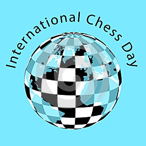 International Chess Day. 20 July. Planet with a checkerboard pattern and continents