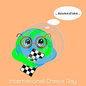International Chess Day. 20 July. Planet Earth is a boy with glasses holding a chessboard. Thinks about chess moves