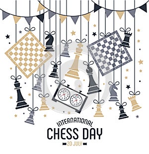 International chess day is celebrated annually on July 20, chess pieces Board and clock. Postcard.