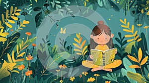 International Children\'s Book Day, a little girl reading a book on the grass among greenery, trees and