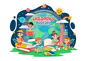 International Children\'s Book Day Vector Illustration on 2 April with Kids Reading a Books and Globe Map in Flat Cartoon