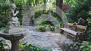 International Children's Day. Enchanted garden design with child benches and story-inspired statues for a magical