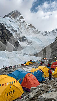 International Climbing Day at Everest Base Camp Panoramic View of Colorful Tents and Gear Against Khumbu Icefall photo