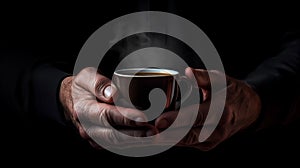 International Coffee Day celebration image of a mans rugged hands holding a steaming cup of coffee.