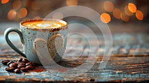 international coffee day concept banner featuring a heart-shaped latte art on a coffee cup placed on a rustic wooden