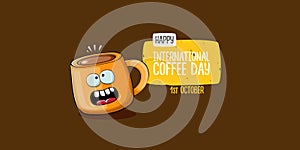 International coffee day horzontal banner with cute orange coffee cup character and greeting text isolated on orange