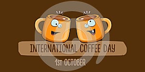 International coffee day horzontal banner with cute orange coffee cup character and greeting text isolated on orange