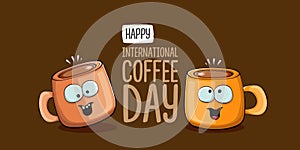 International coffee day horzontal banner with cute orange coffee cup character and greeting text isolated on orange