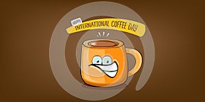 International coffee day horzontal banner with cute orange coffee cup character and greeting text isolated on orange