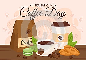 International Coffee Day Vector Illustration on 1st October with Scented Drink and Brown Background in Flat Cartoon Hand Drawn