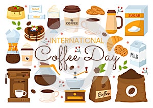 International Coffee Day Vector Illustration on 1st October with Scented Drink and Brown Background in Flat Cartoon Hand Drawn
