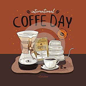 International Coffee Day vector illustration. Features a coffee maker, a cup of coffee, and a bag of coffee beans