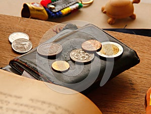 International coins with black leather wallet