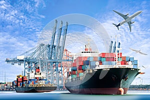 International Container Cargo ship and Cargo plane for logistic import export background