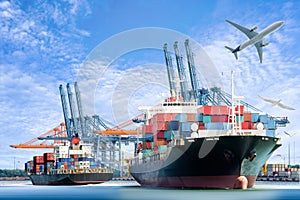 International Container Cargo ship and Cargo plane for logistic import export background photo