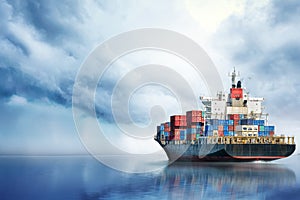 International Container Cargo ship in the ocean, Freight Transportation, Nautical Vessel