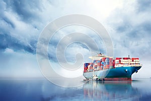 International Container Cargo ship in the ocean, Freight Transportation, Nautical Vessel