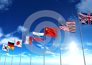 International country flags under blue sky