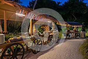 International cuisines dinner outdoors setup at the tropical island restaurant