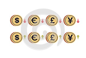 International currency coins and dollar, euro, pound, yen with up and down arrows on white background horizontal full length.