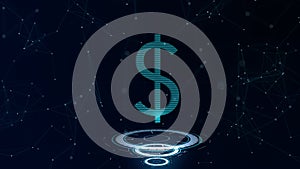 International currency dollar is on three virtual glowing circlers. Horizontal lines connected the whole sign. Space