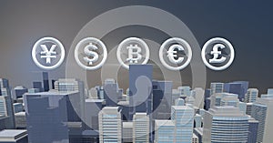 International Currency icons over 3D city buildings